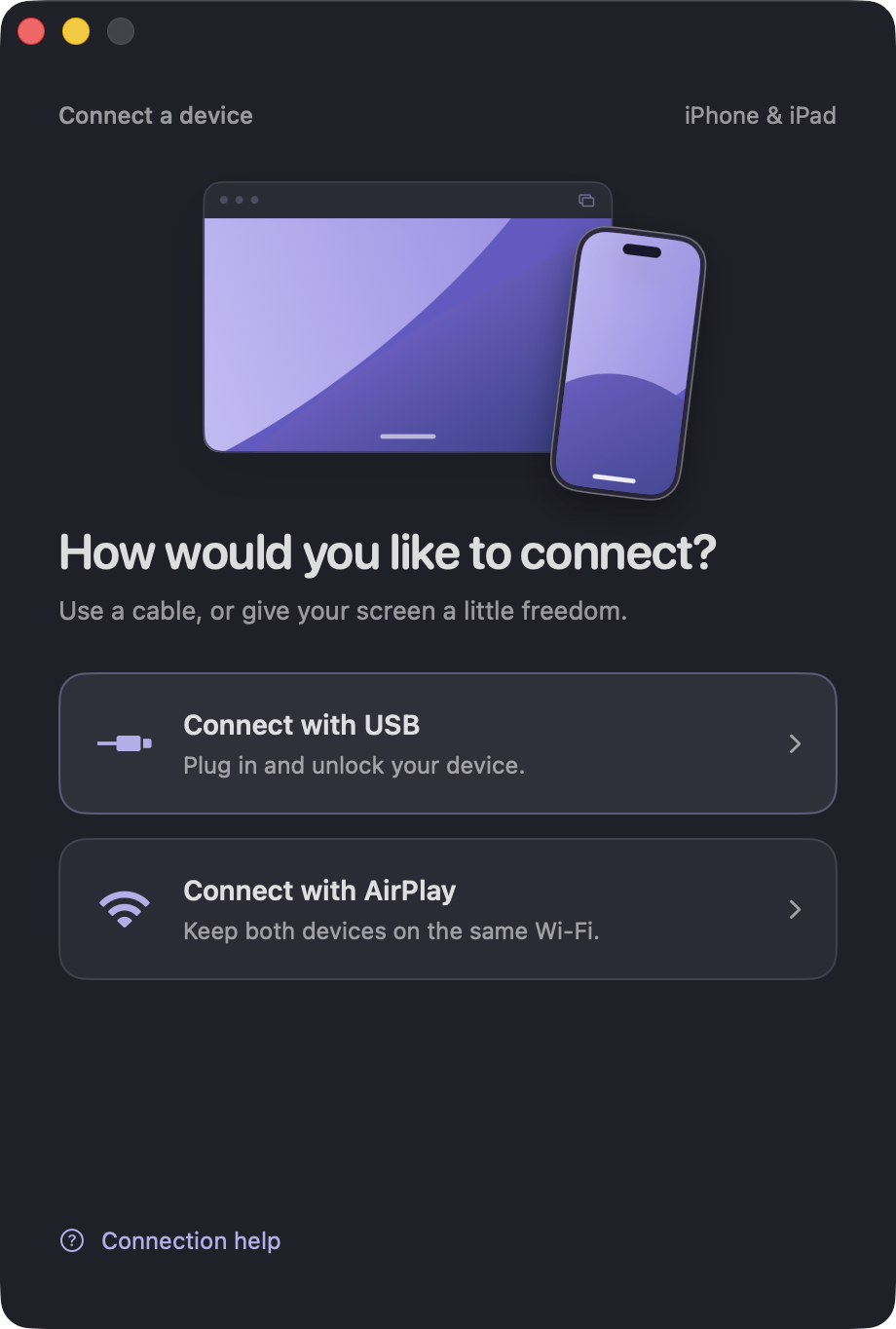 mirro's connection screen, offering a wireless or cable connection