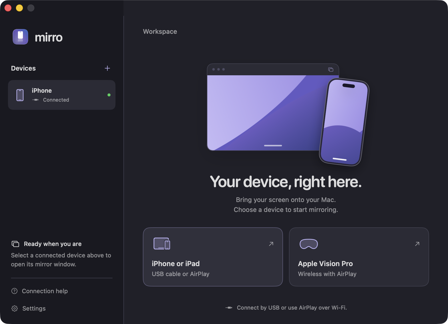 mirro's welcome window on macOS, with the device picker open